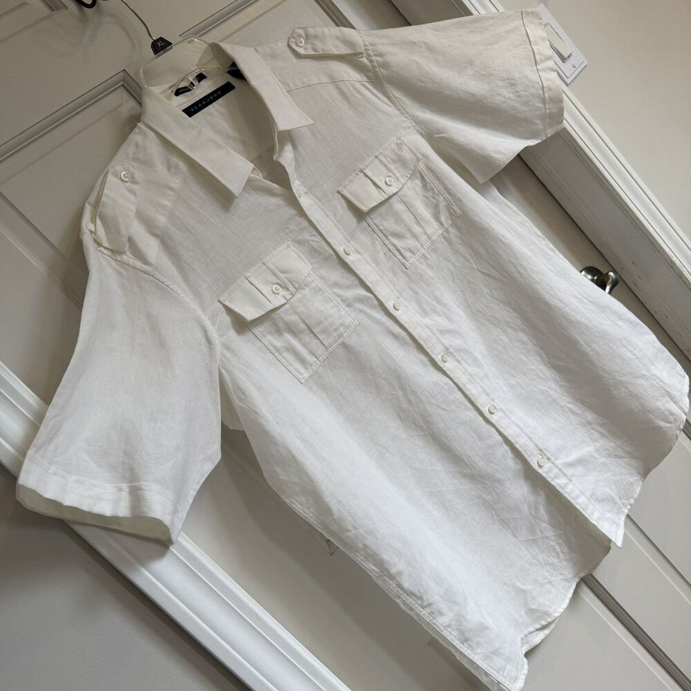 Sean John Men's White Short Sleeve Solid Linen/cotton Sz XL Shirt